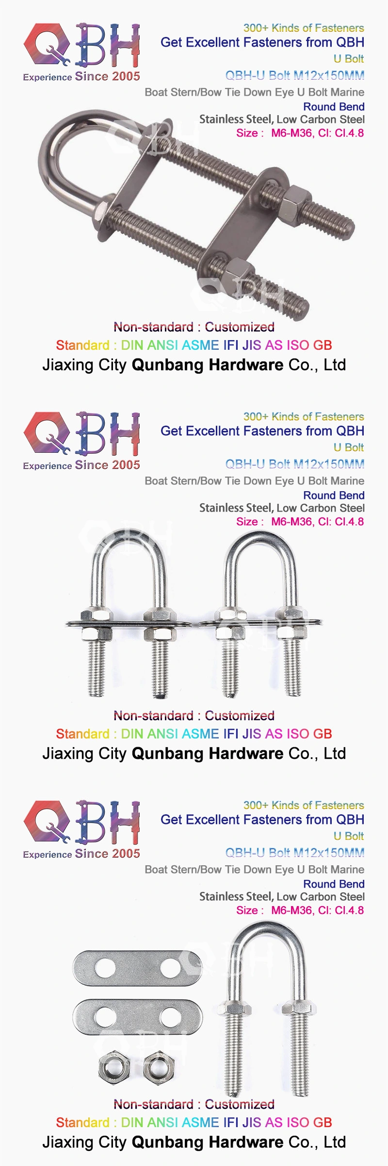 Qbh 300+ Shipyard Ship Tunnage Building Construction Structure Solar Panel Round Square Bend Pipe Fitting Spring Stainless Carbon Steel Zinc Plated U Stud Bolt